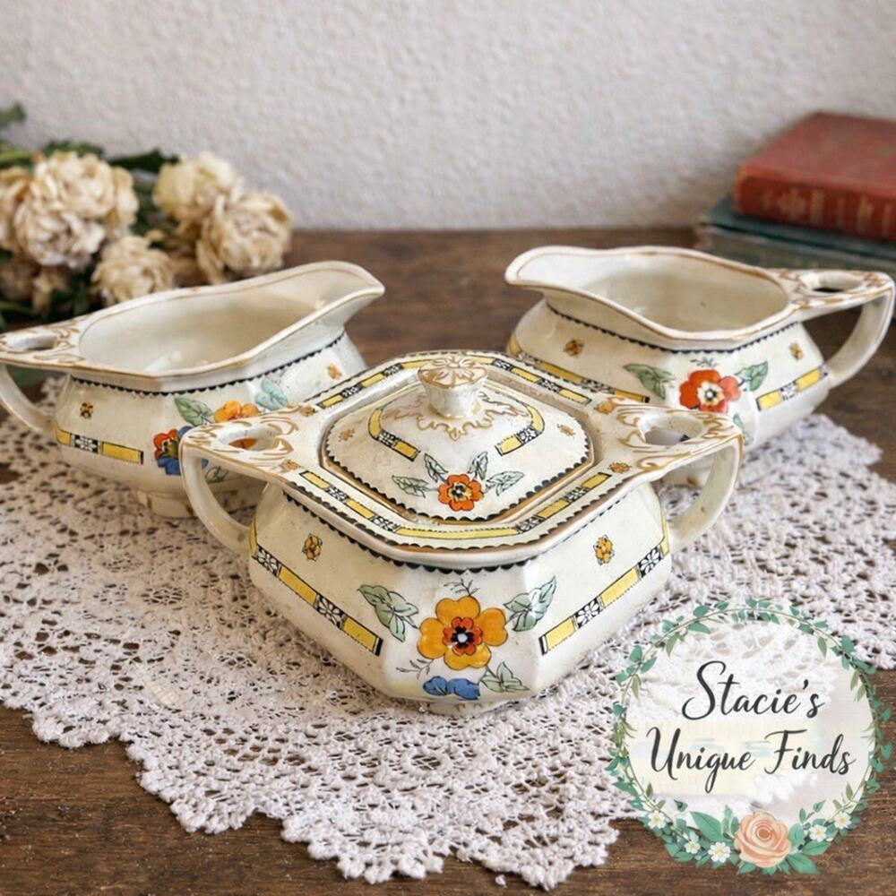 W.H.Grindley Sheraton Ivory Cream, Sugar And Bowl Set Art Deco